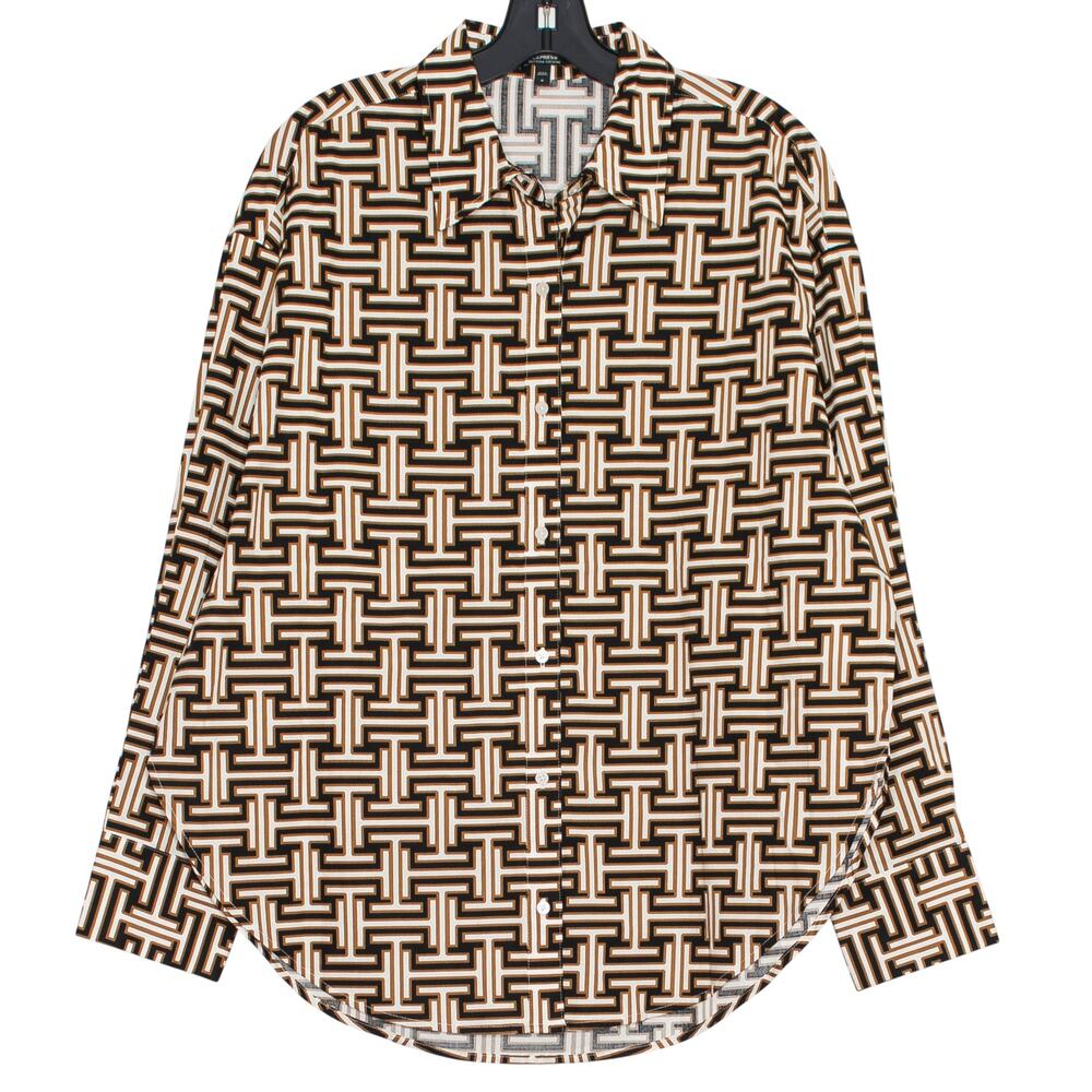 Express Top Boyfriend Portofino Workwear Retro 70s Button Up Brown Black Medium